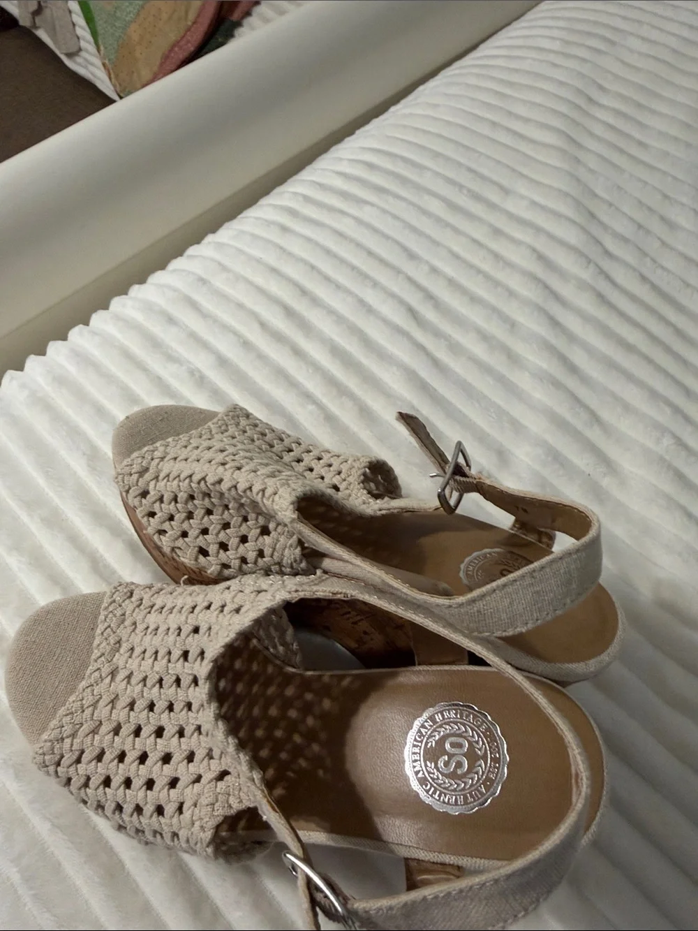 SoftWalk Beige Woven Peep-Toe Slingback Wedges